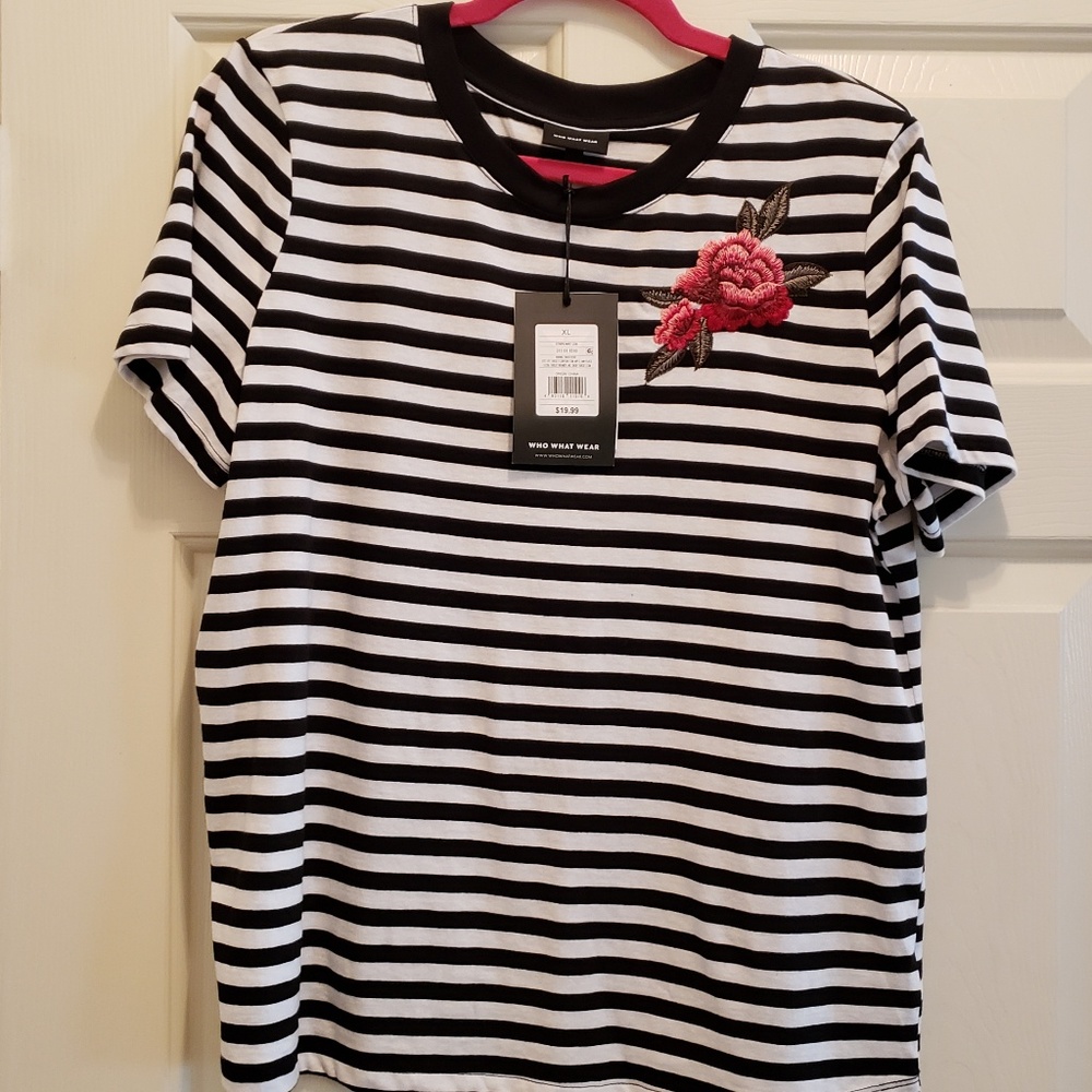 Black and white striped t with rose embroidered de
